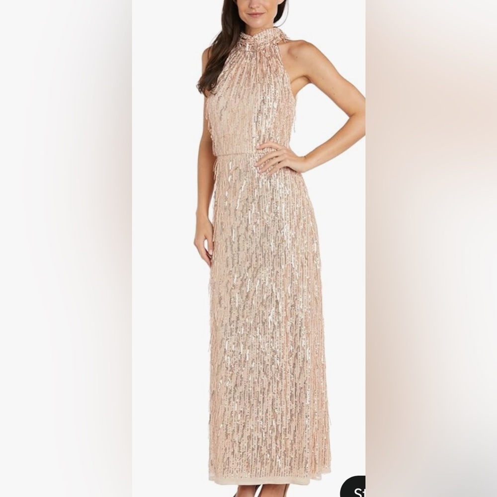 Embellished Sequin Fringe Power Mesh Dress W/Mock Halter & Elastic Waist